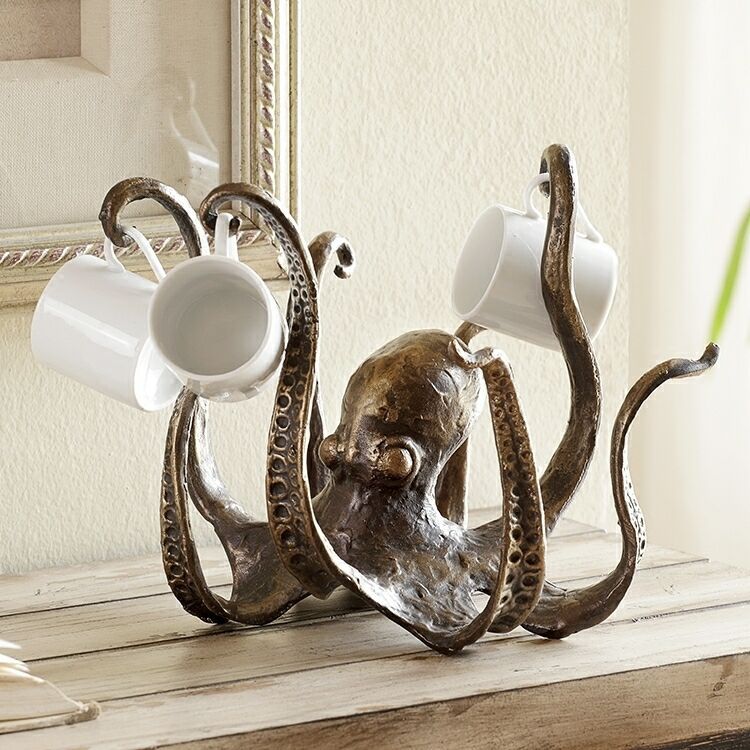Silver Vintage Bronze Octopus Mug Holder - Decorative Resin Statue & Countertop Cup Rack