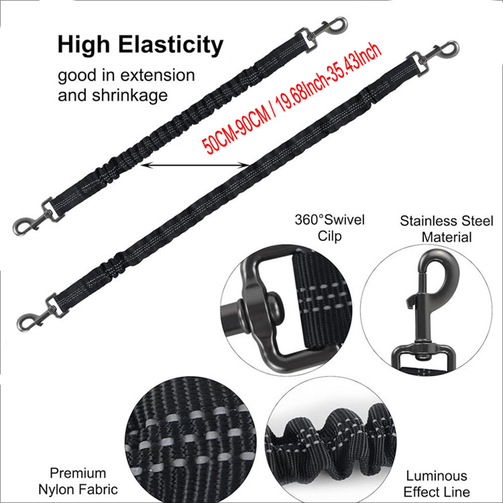 Grey 3-in-1 Tangle-Free Dog Leash for 1-3 Dogs - Heavy Duty Bungee Coupler with Reflective Stitching & Padded Handle
