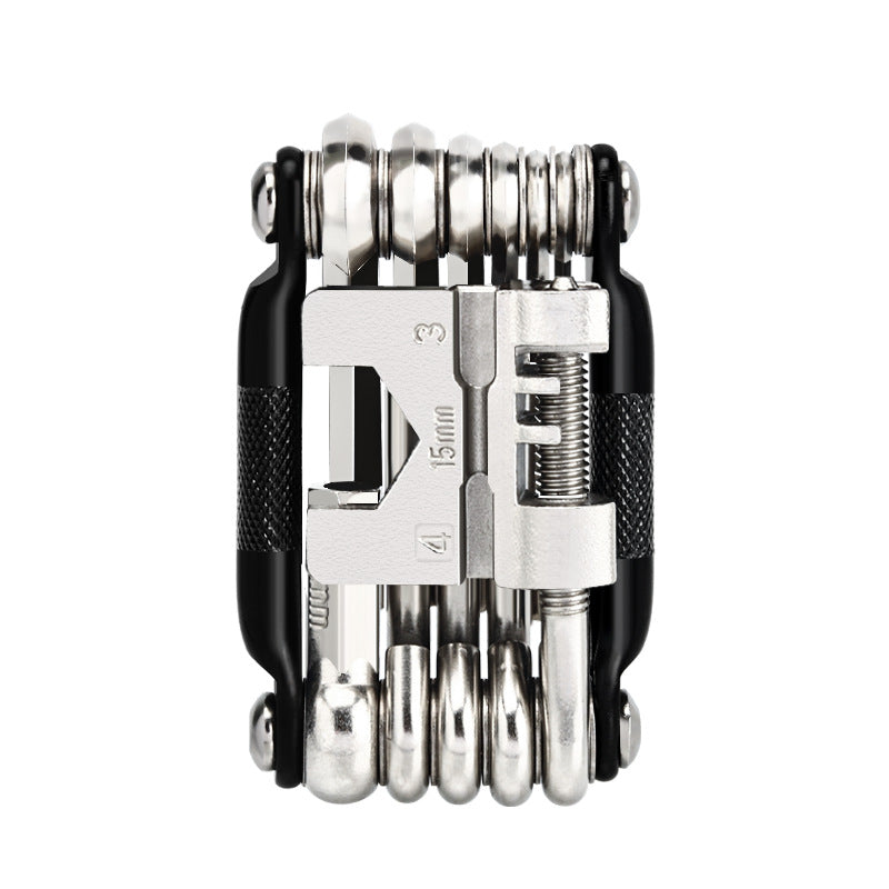 Black and Silver 16 in 1 Bicycle Repair Multi Tool - Compact Folding Bike Tool Kit with Chain Breaker for MTB Road Cycling
