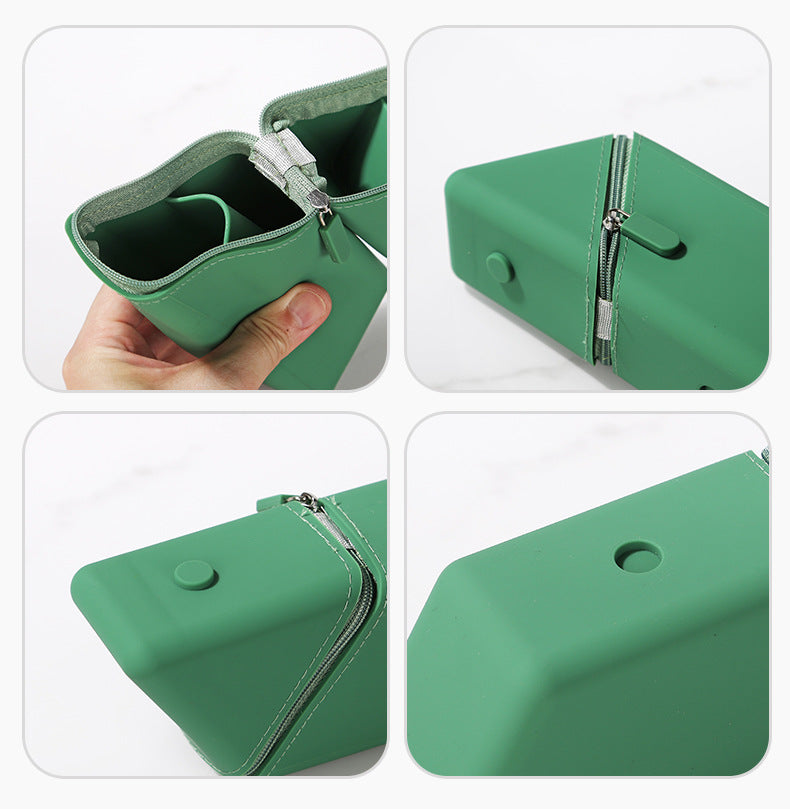 Green Transforming Silicone Pencil Case - Stand-Up Pen Holder & Stationery Organizer