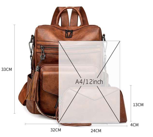 Black Women's Retro PU Leather Backpack - Dual-Color Tassel Design, Winter High-End Style