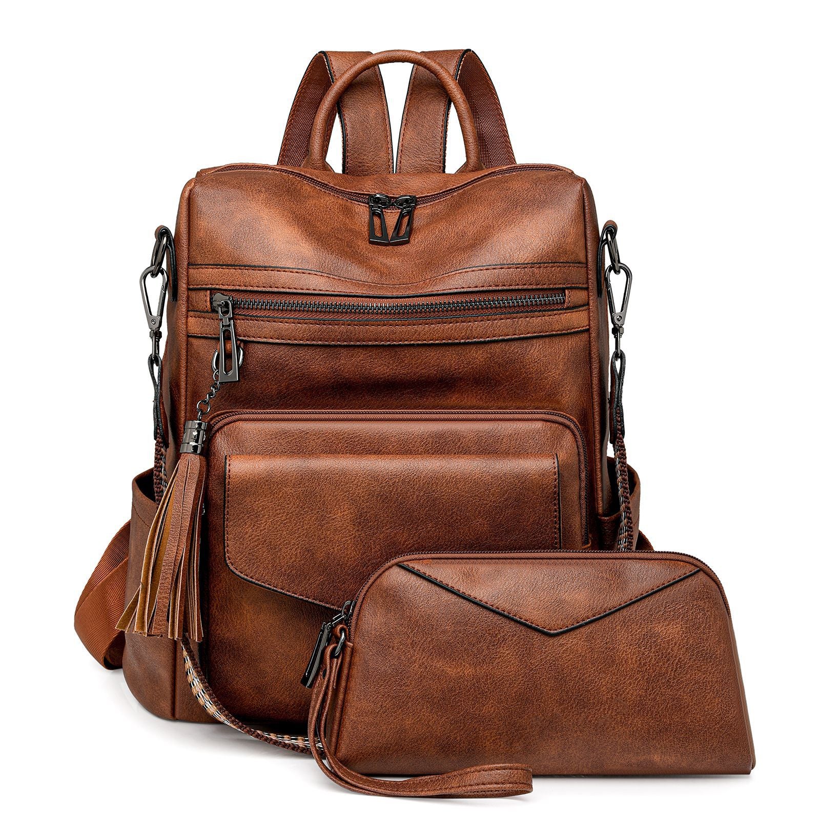 Two-color Brown Rough Women's Retro PU Leather Backpack - Dual-Color Tassel Design, Winter High-End Style