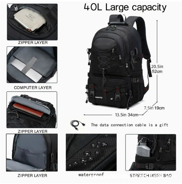 Blue 40L Large Capacity Travel Backpack - Water-Resistant Hiking Rucksack with USB Charging Port