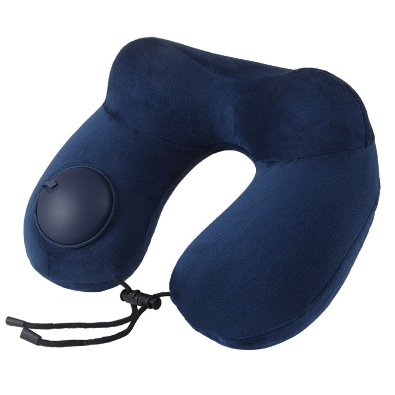 Navy Blue Press-to-Inflate Travel Neck Pillow - Ergonomic U-Shaped Cushion for Airplane and Car