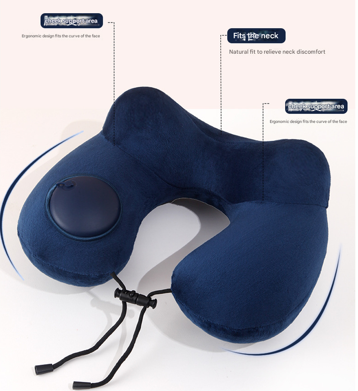Navy Blue Press-to-Inflate Travel Neck Pillow - Ergonomic U-Shaped Cushion for Airplane and Car