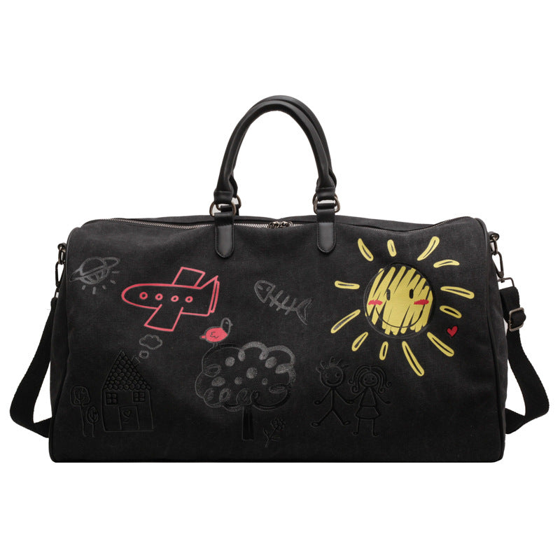 Black Large Capacity Graffiti Travel Duffel Bag - Canvas Weekender with Wet/Dry Pocket & Shoe Compartment