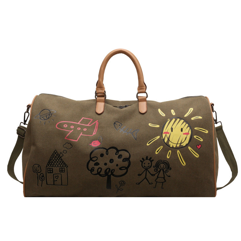 Green-coffee Large Capacity Graffiti Travel Duffel Bag - Canvas Weekender with Wet/Dry Pocket & Shoe Compartment