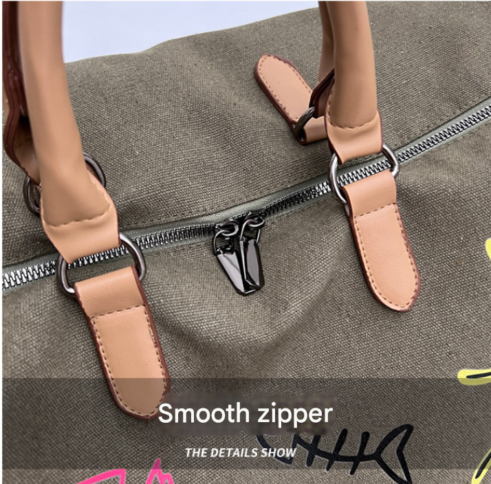 Coffee-brown Large Capacity Graffiti Travel Duffel Bag - Canvas Weekender with Wet/Dry Pocket & Shoe Compartment