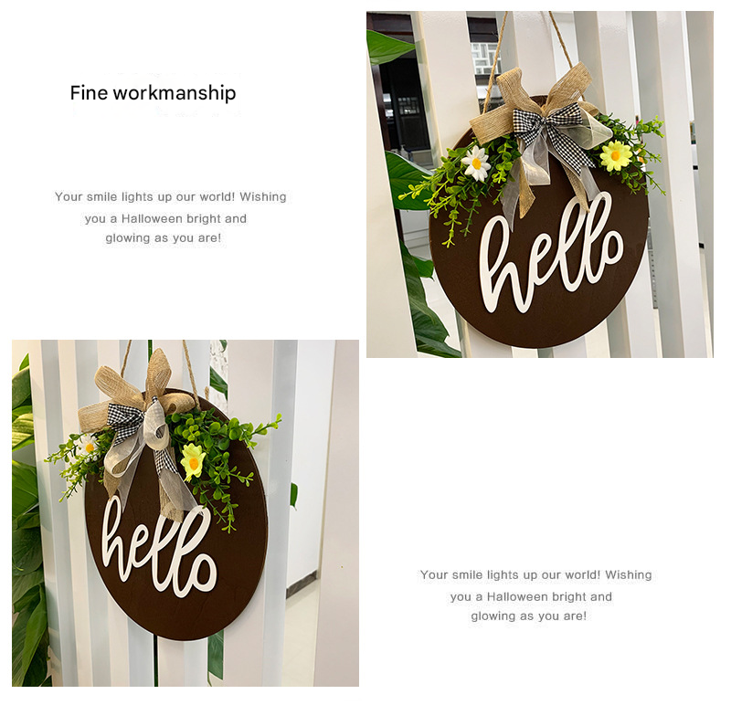 Dark Blue Rustic 'Hello' Welcome Sign - Farmhouse Round Wooden Wreath for Front Door Decor