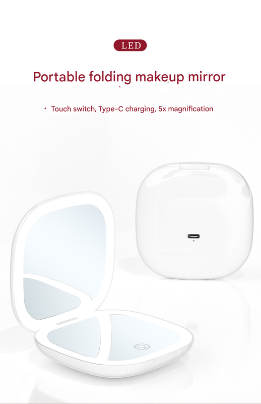 2-piece Pink Portable LED Makeup Mirror - Rechargeable Compact with 3-Color Lights & 5x Magnification