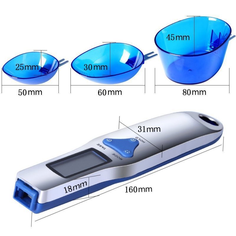 Blue High Precision Digital Spoon Scale - Electronic Measuring Scoop with 3 Heads for Kitchen & Baking(500g)