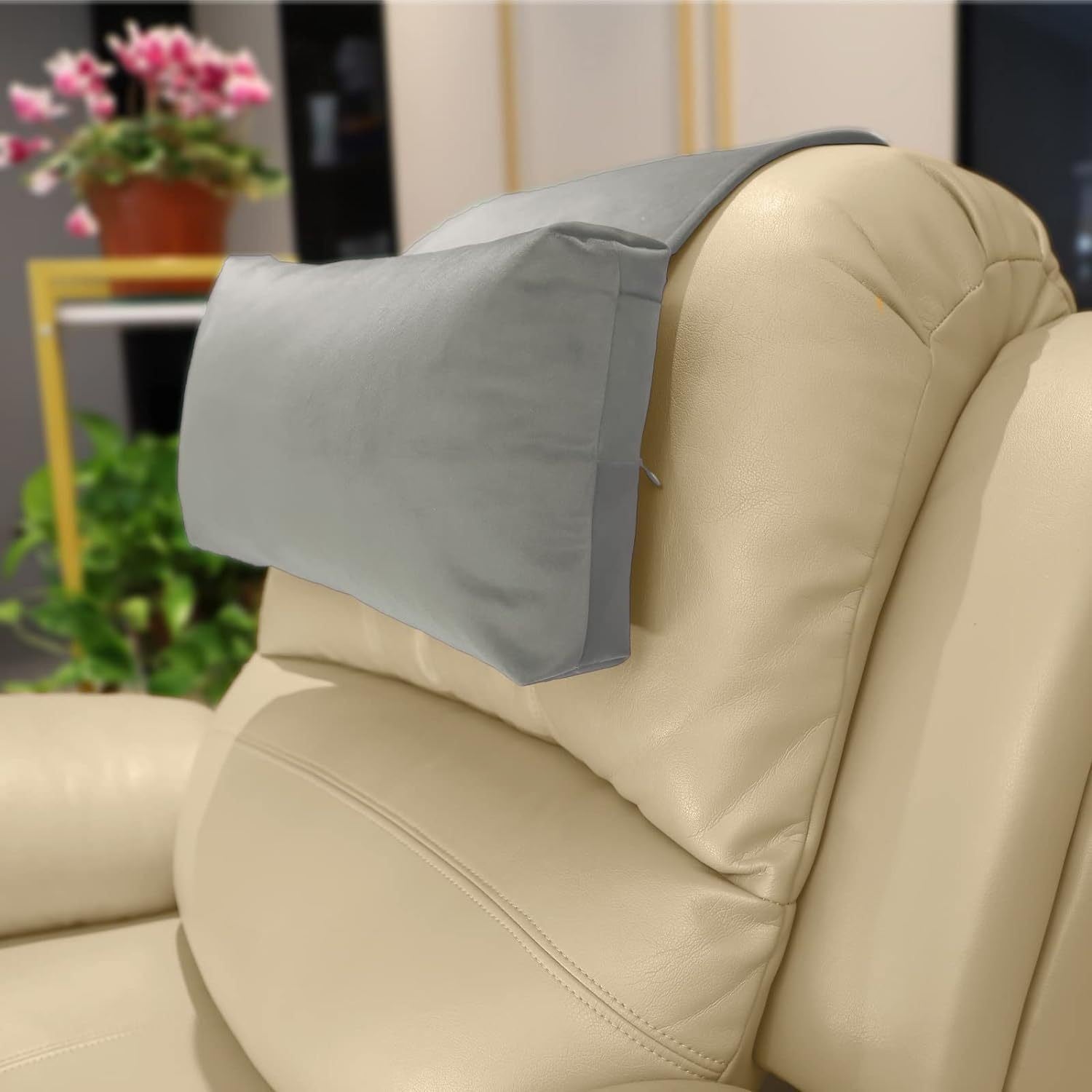 Grey New Fashion Velvet Recliner Headrest with Anti-Slip Base - Adjustable Neck Support Car Pillow
