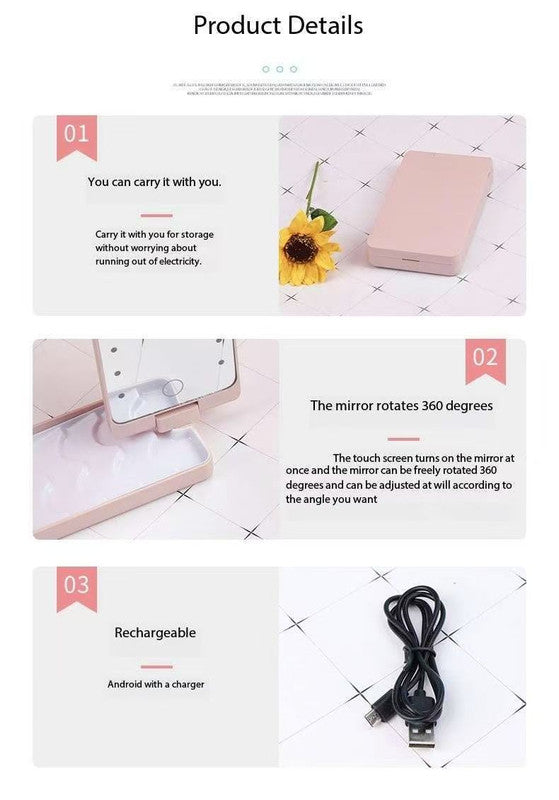 2-Piece Pink Portable LED Makeup Mirror with Brush - Foldable, Rotatable, and Rechargeable Travel Vanity Mirror