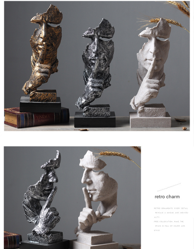 Silver Modern 'Silence is Golden' Abstract Sculpture - Nordic Resin Art Statue for Office & Living Room Decor