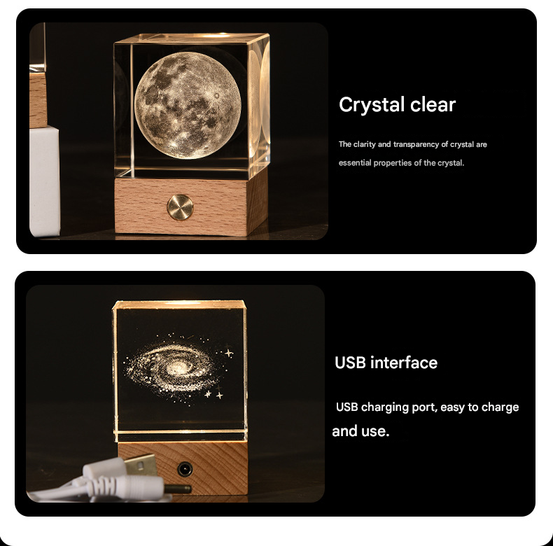 The Moon Luminous 3D Crystal Cube Night Light - Laser Engraved Artwork with Solid Wood Base