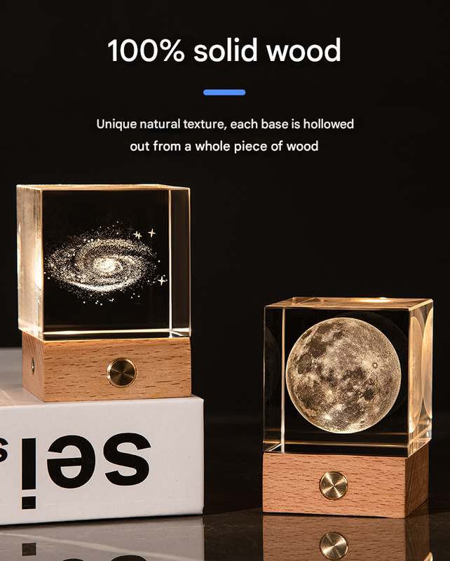 Saturn Luminous 3D Crystal Cube Night Light - Laser Engraved Artwork with Solid Wood Base
