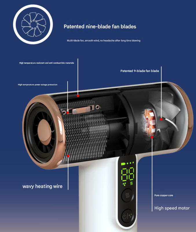 High-Power Cordless Hair Dryer, 15600mAh USB Rechargeable Blow Dryer with Hot & Cold Air, 3 Speeds & Heat Settings