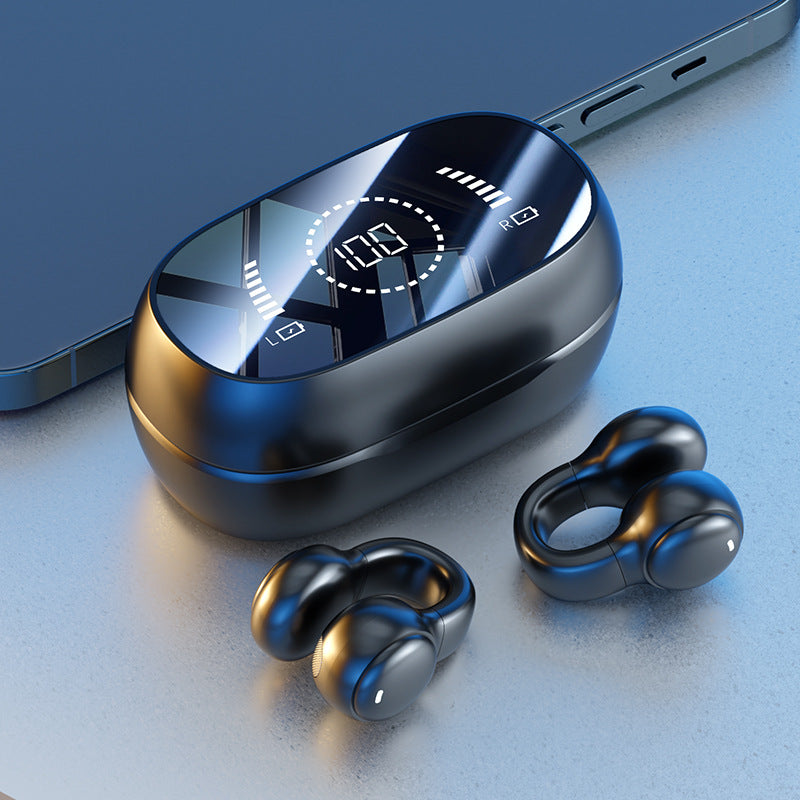 Black Open-Ear Ear-Clip Wireless Earbuds, Bluetooth 5.3 Headphones with LED Digital Display, Hi-Fi Stereo Sound & HD Mic for Sports and Calls