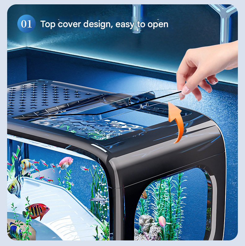 Cream color Modern Desktop Aquarium & Turtle Tank - Panoramic Viewing Fish Tank with Basking Platform & Lid
