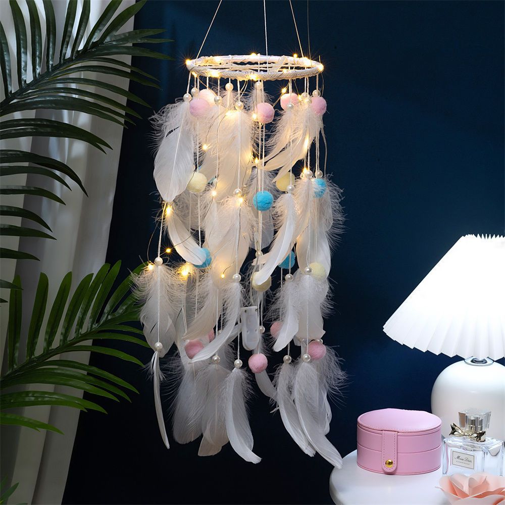 Pink Boho Pom Pom Feather Dreamcatcher - Whimsical Hanging Mobile for Girls Bedroom & Nursery Decor