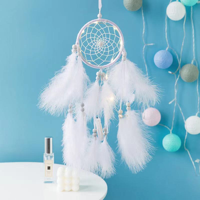 White Boho Pom Pom Feather Dreamcatcher - Whimsical Hanging Mobile for Girls Bedroom & Nursery Decor