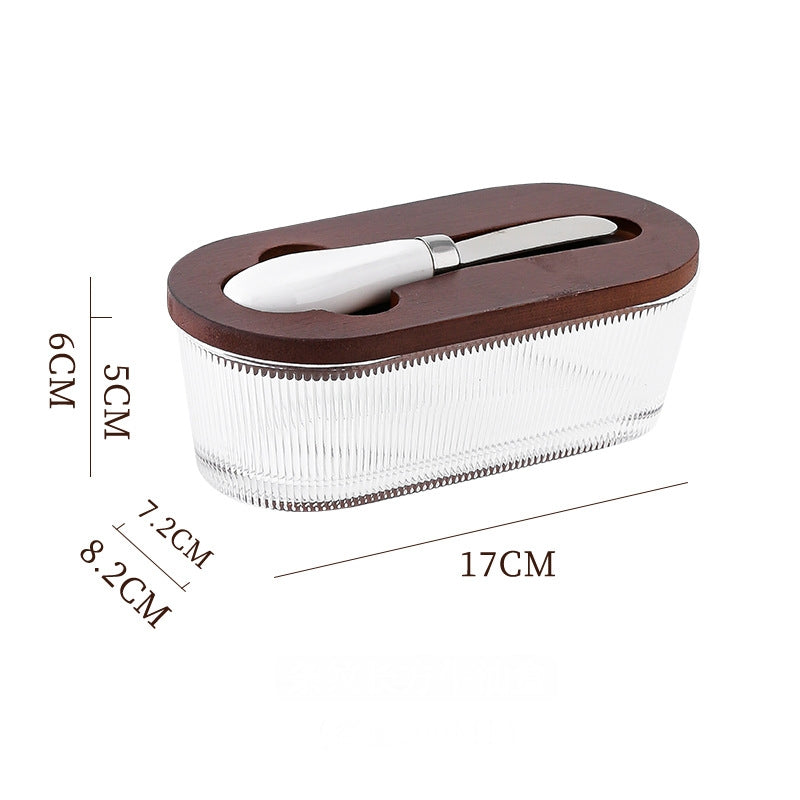 Brown - stripes Elegant Glass Butter Dish with Wooden Lid & Matching Spreader - Sealed Butter Keeper for Freshness