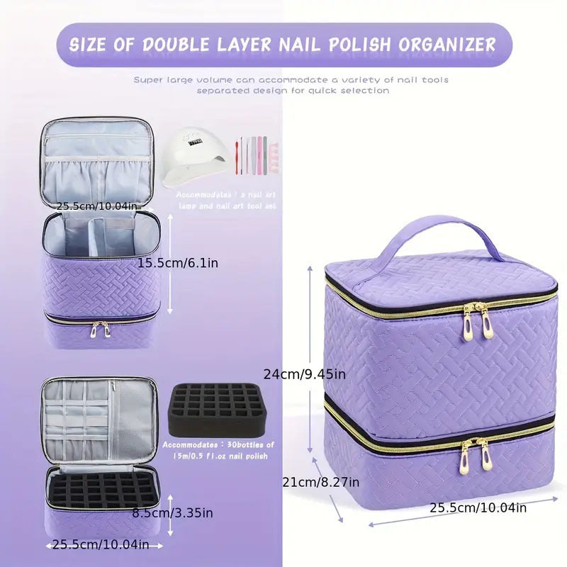 Green Professional Nail Polish Organizer Case for 30 Bottles & UV Lamp - Double-Layer Travel Storage Bag