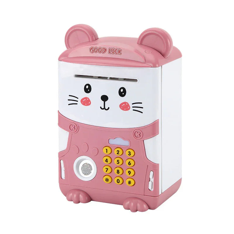 Pink Mouse ba Kids Smart ATM Piggy Bank - Automatic Bill Scroll, Password & Fingerprint Unlock with Fun Features
