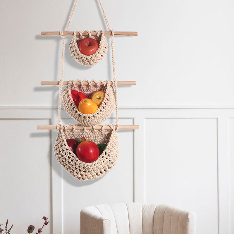 Three-layer braided rope style Bohemian Hanging Fruit Basket – Wall-Mounted Woven Storage Net Pocket for Kitchen & Home Decor