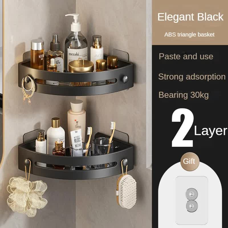 Two layers of elegant black Premium No-Drill Corner Shower Caddy - Thickened ABS Bathroom Storage Shelf with Hooks, Quick Wall Mount Organiser