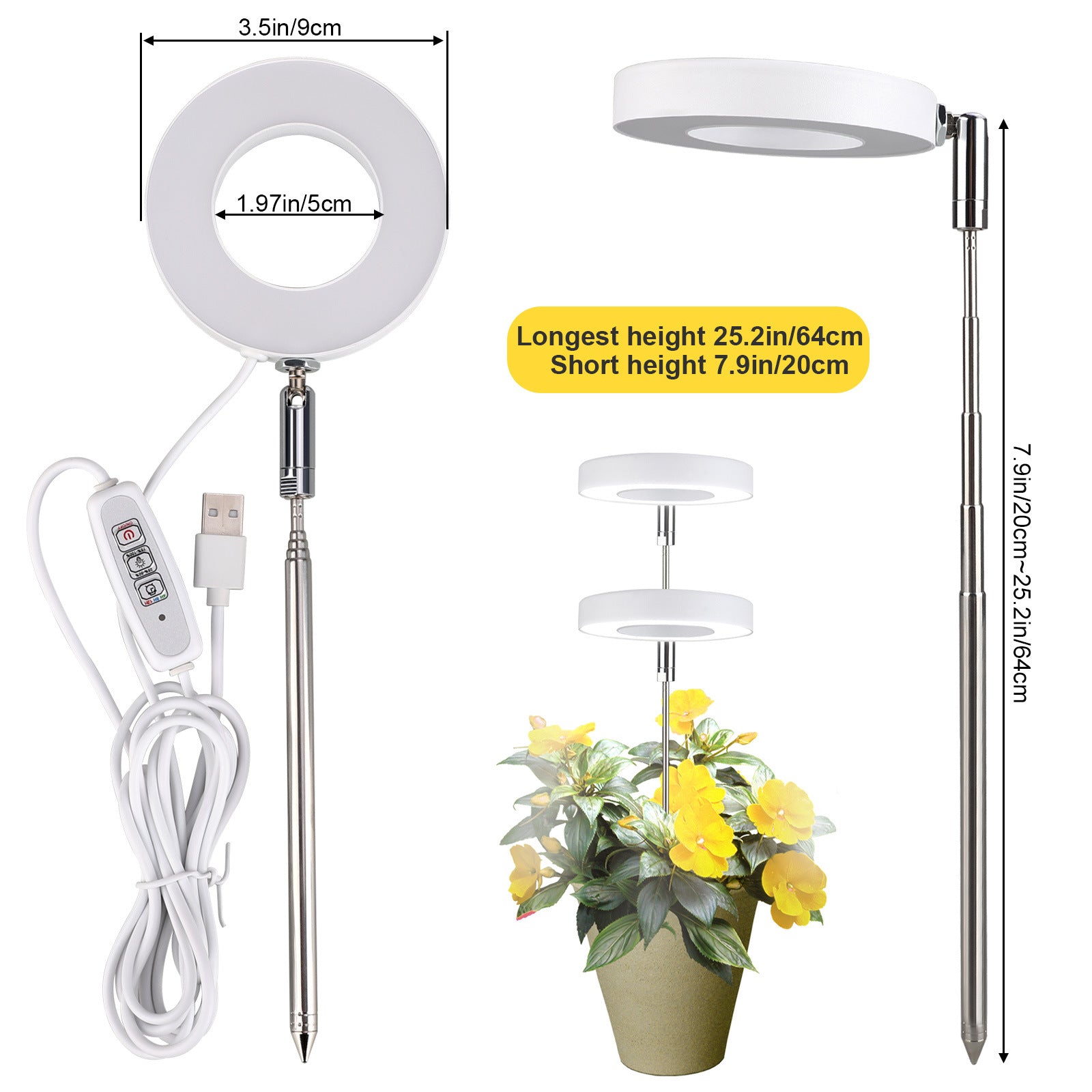 White Full Spectrum LED Grow Light with Telescopic Stake for Indoor Plants