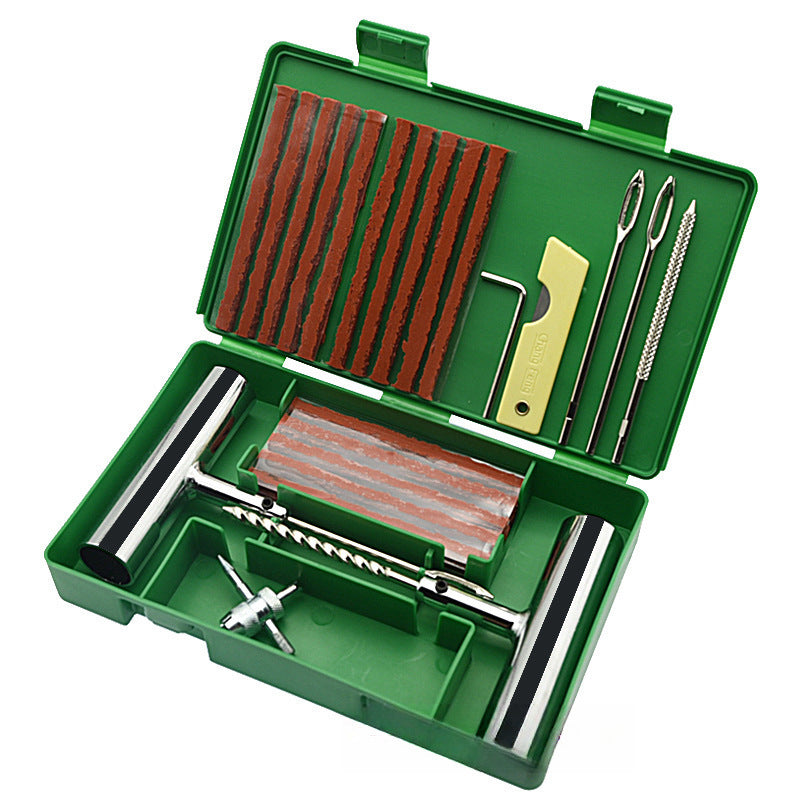 A 33-piece set Green Heavy-Duty Tubeless Tyre Repair Kit - Emergency Puncture Plug Set for Cars, Motorcycles & ATVs