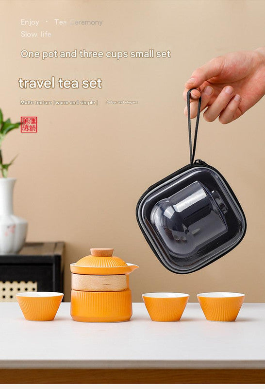 Portable Ceramic Travel Tea Set - One Pot Three Cups with Carrying Case, Elegant Frosted Finish(white)