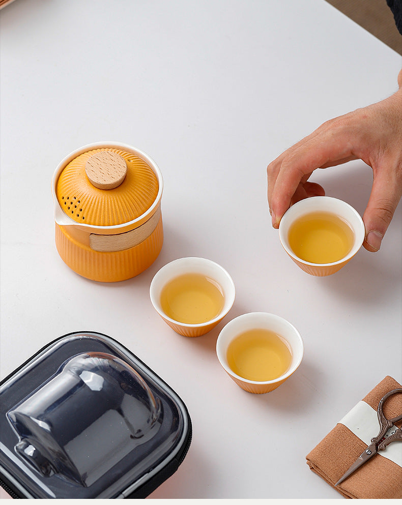 Portable Ceramic Travel Tea Set - One Pot Three Cups with Carrying Case, Elegant Frosted Finish(white)