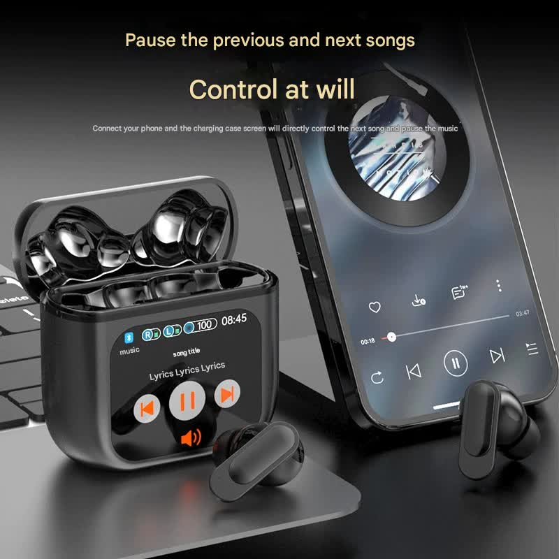 TWS Bluetooth Earbuds with 1.9 HD Touch Screen Case - ANC/ENC Noise Reduction(Black)
