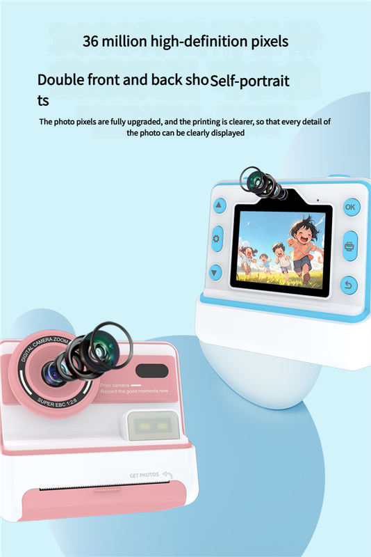 Kids Instant Print Camera - Creative Drawing & Photo Fun with Thermal Printing(Blue+64GB memory card)