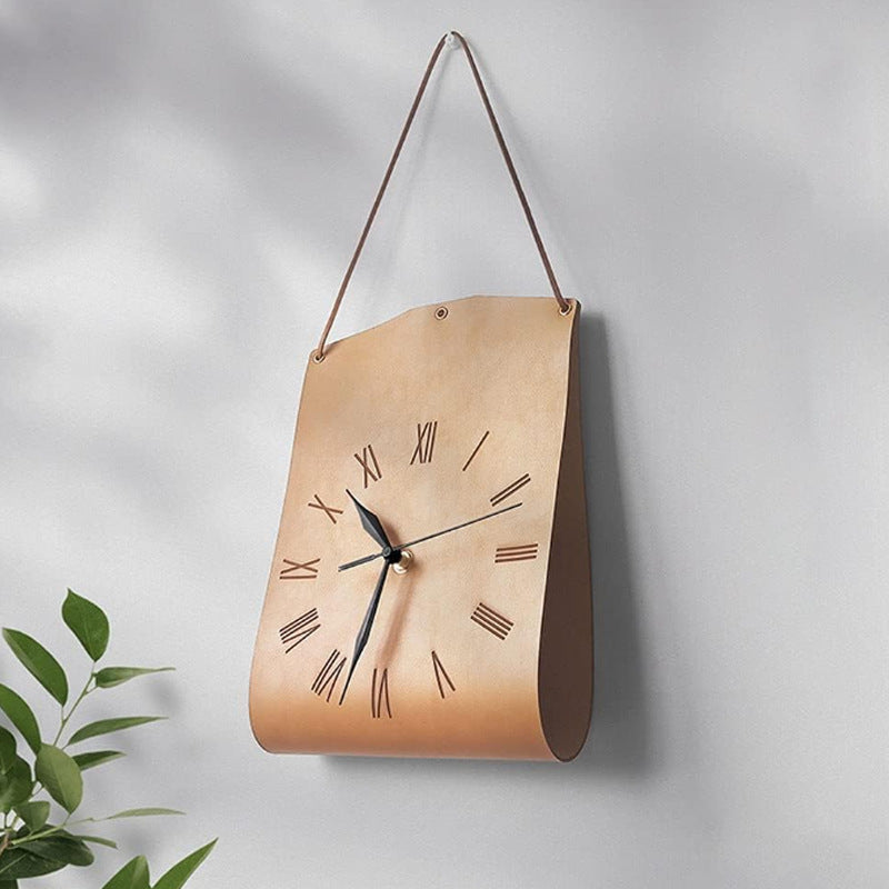 Retro PU Leather Hanging Wall Clock - Silent Sweep Movement, Roman Numerals, Decorative Handbag Style(Light Brown)