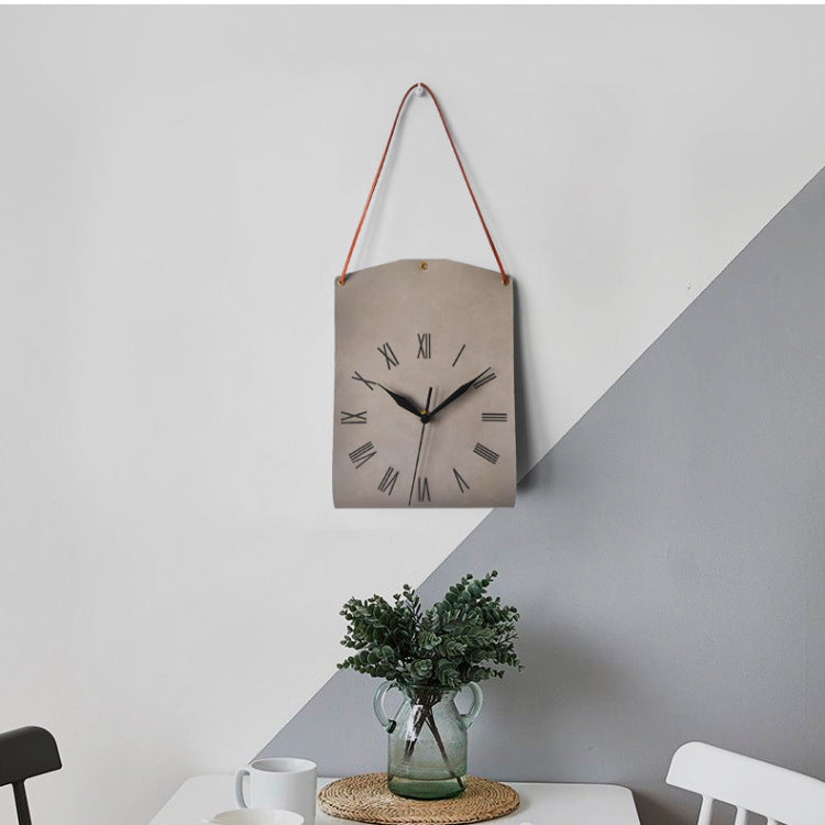 Retro PU Leather Hanging Wall Clock - Silent Sweep Movement, Roman Numerals, Decorative Handbag Style(Grey)