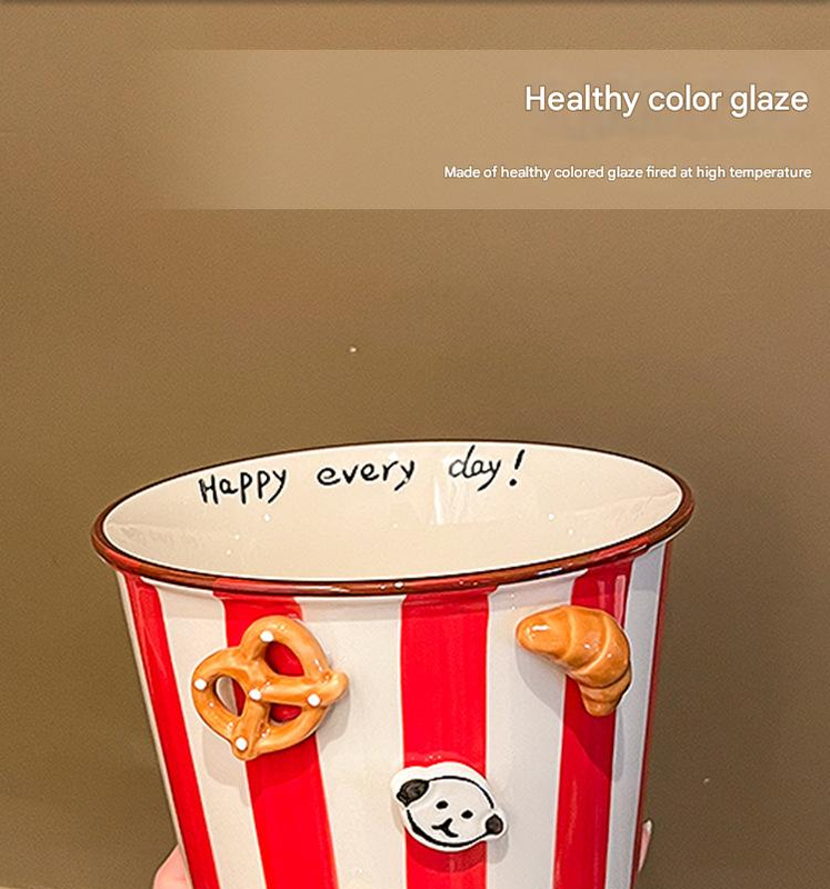 Charming Striped Ceramic Instant Noodle Bowl with 3D Accents & Happy every day!