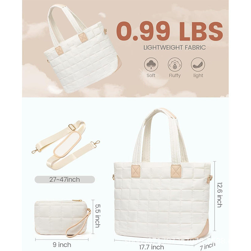 Lightweight Quilted Tote Bag for Women - Fits 15.6 Laptop Water-Resistant with Clutch & Luggage Strap(White)
