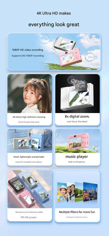 48MP Digital Camera for Kids & Beginners - 1080P Vlogging, 8x Zoom, Filters & Games(black)