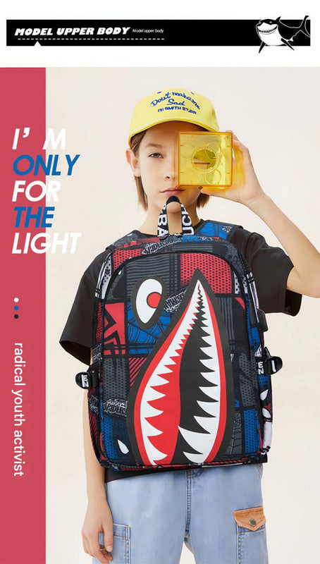 Trendsetter Shark Mouth Print Backpack - Lightweight & Breathable School Bag(Laser red)