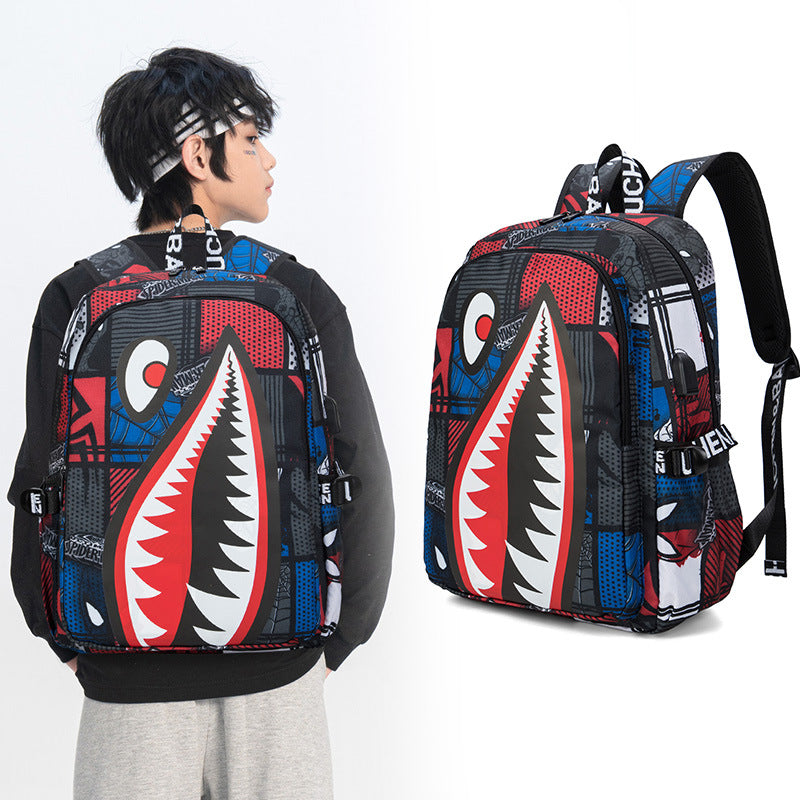 Trendsetter Shark Mouth Print Backpack - Lightweight & Breathable School Bag(Red leaves)