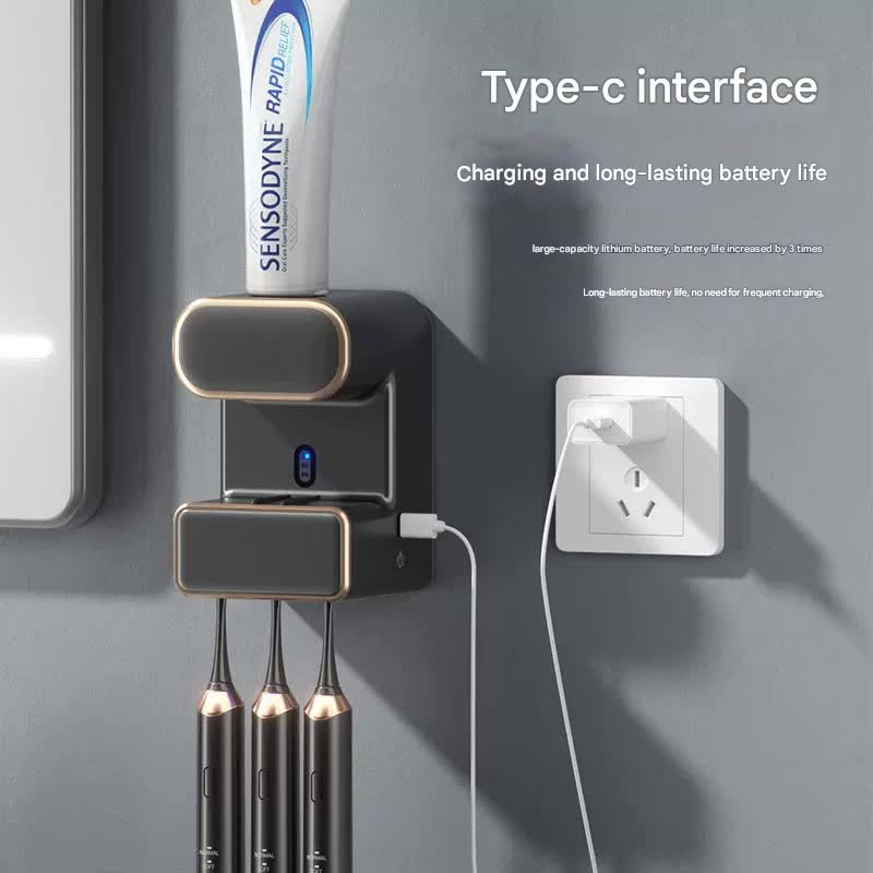 Automatic Toothpaste Dispenser with UVC Toothbrush Sterilizer & Holder - Wall Mounted, Rechargeable(Beige)