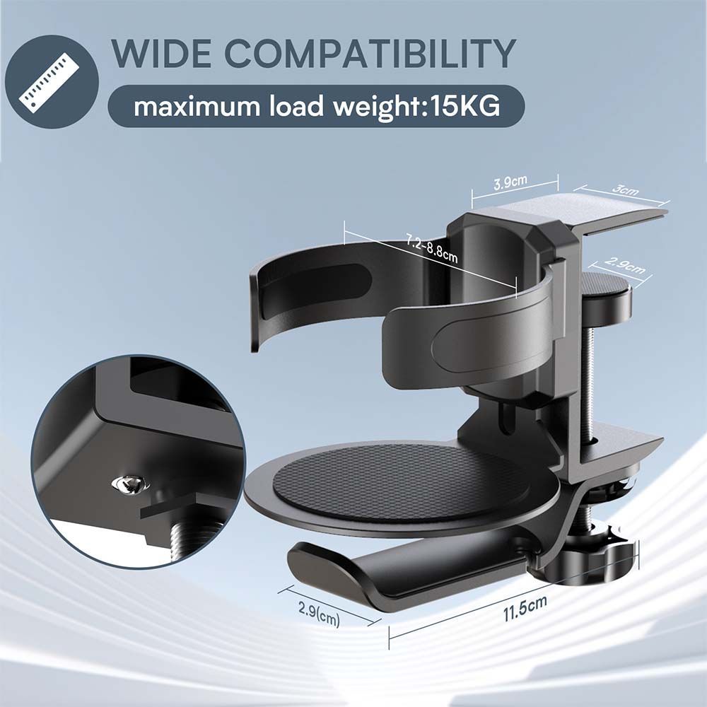 Two desktop clip-on cup holders and headphone hanger - adjustable, non-slip silicone, maximum load 15KG(black)