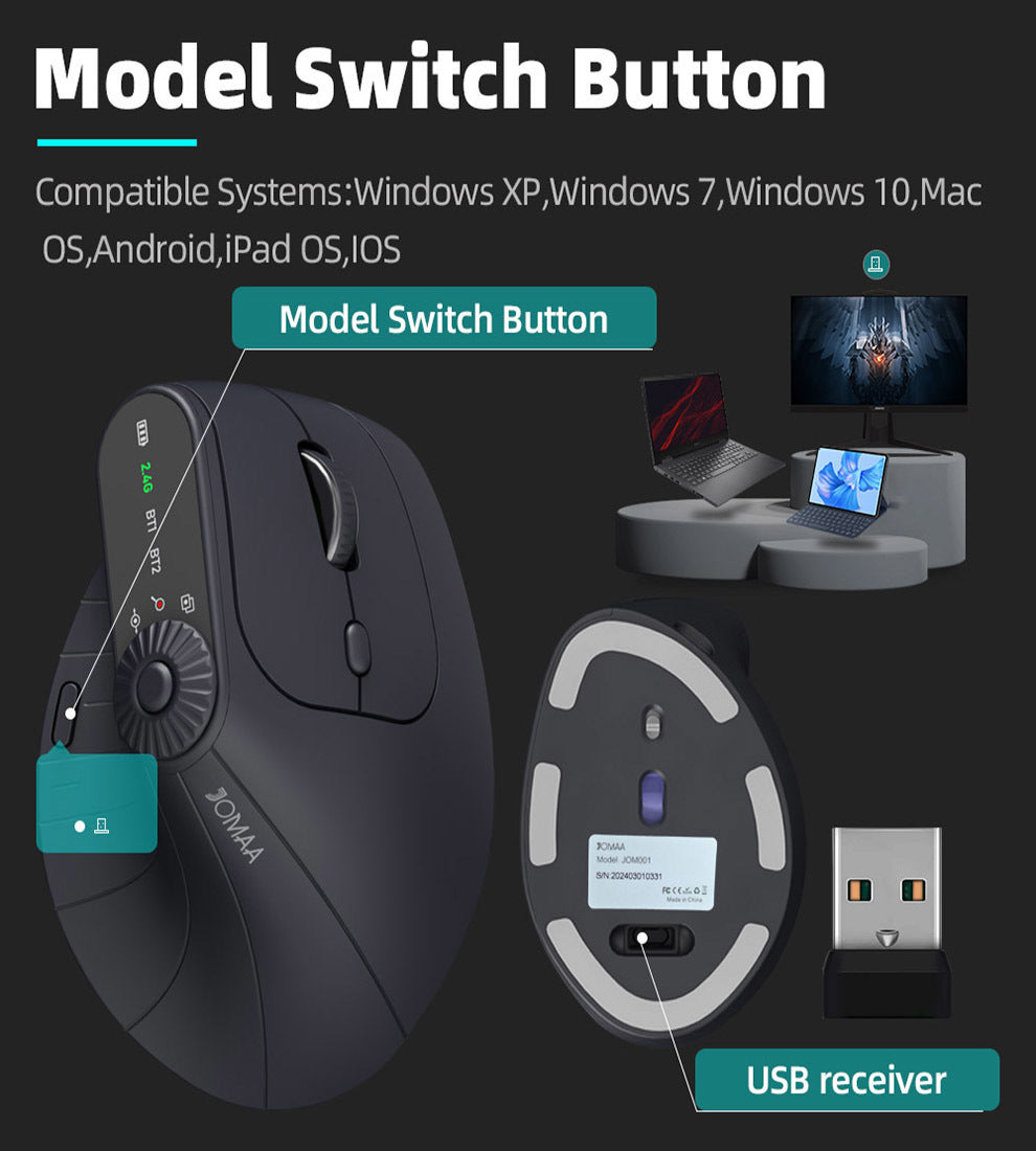 Ergonomic Vertical Mouse - 2.4G/Bluetooth Multi-Mode, LED Display, 57-Degree Angle, & 400mAh Battery(White)