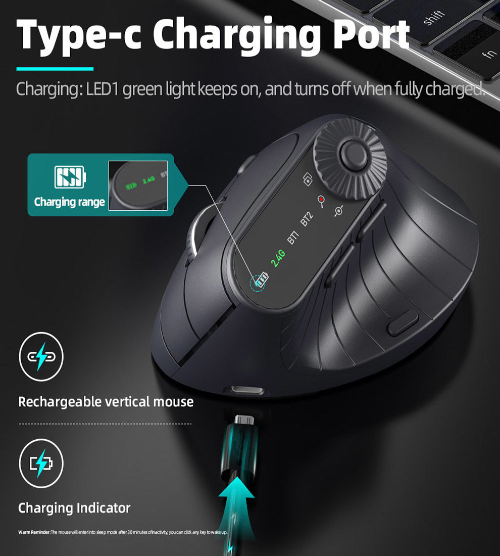 Ergonomic Vertical Mouse - 2.4G/Bluetooth Multi-Mode, LED Display, 57-Degree Angle, & 400mAh Battery(White)