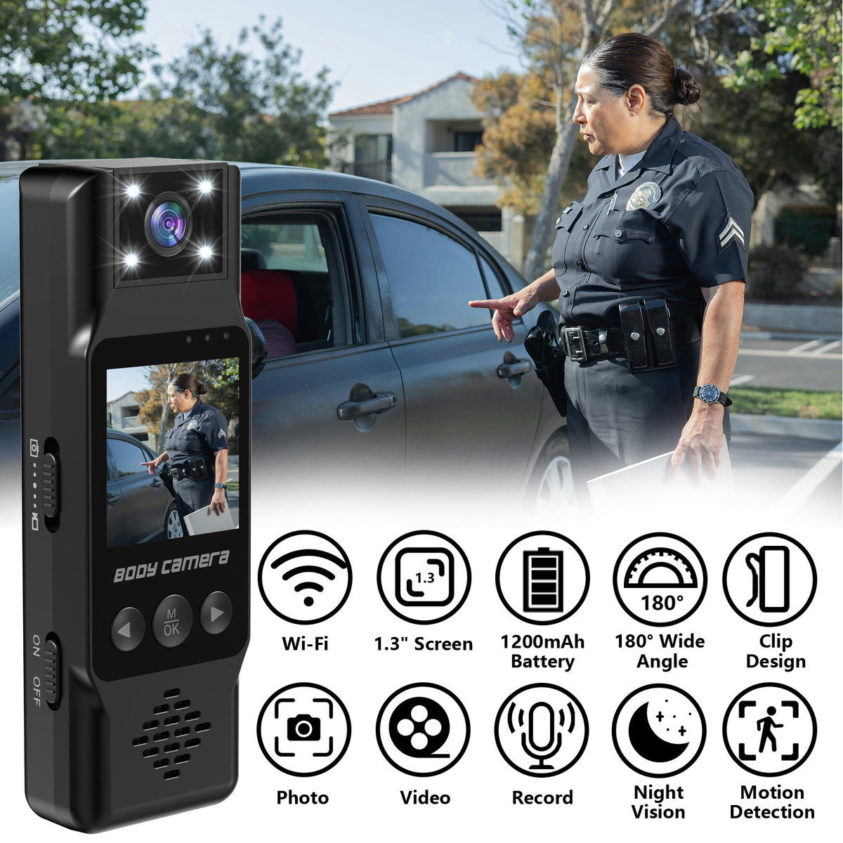 Mini Body Camera with 180 Rotatable Lens, Night Vision & Motion Detection - 1.3 Screen 1200mAh Battery(black)