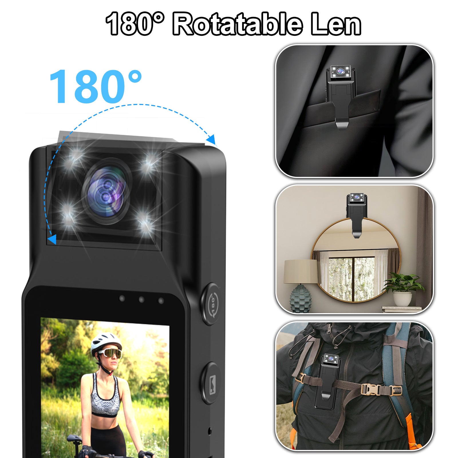 Mini Body Camera with 180 Rotatable Lens, Night Vision & Motion Detection - 1.3 Screen 1200mAh Battery(black)