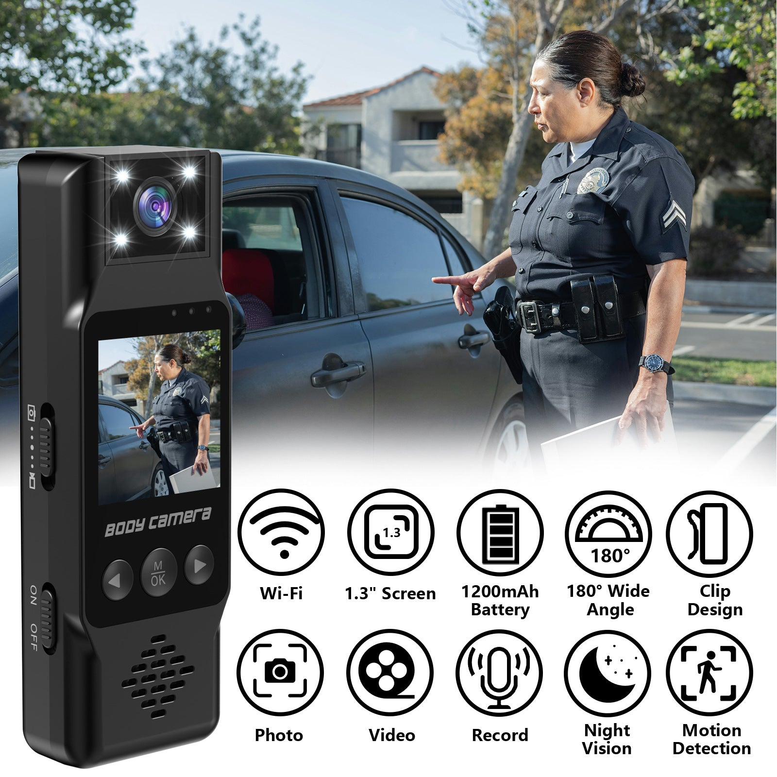 Mini Body Camera with 180 Rotatable Lens, Night Vision & Motion Detection - 1.3 Screen 1200mAh Battery(black+64G)